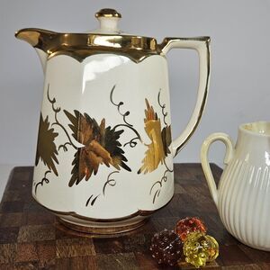 Vtg Price Bros Teapot Gold on  Cream Golden Grape Leaves Autumn Ceramic Lidded
